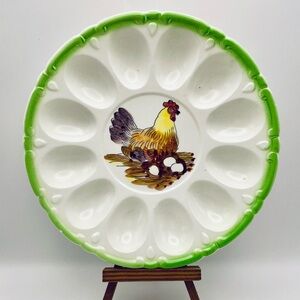 Vintage, Hand Painted, Ceramic, Deviled Egg Plate, Hen, Green Trim